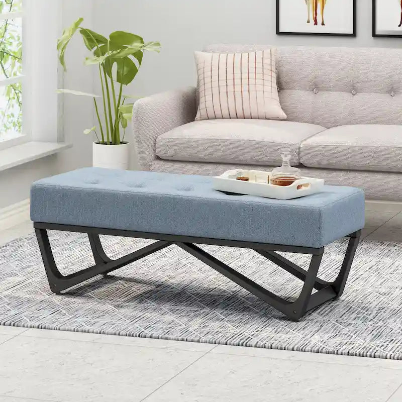 Banc de rangement en tissu gaufré capitonné avec pieds en bois courbé, Beige / Vieux rose / Gris clair / Bleu clair / Bleu marine