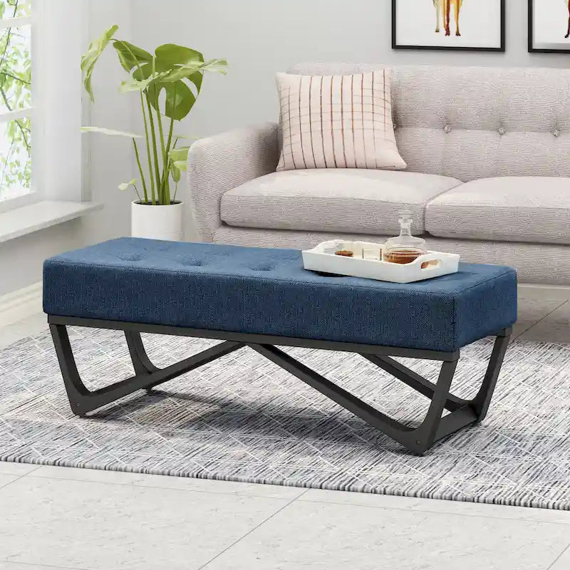 Banc de rangement en tissu gaufré capitonné avec pieds en bois courbé, Beige / Vieux rose / Gris clair / Bleu clair / Bleu marine
