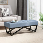 Banc de rangement en tissu gaufré capitonné avec pieds en bois courbé, Beige / Vieux rose / Gris clair / Bleu clair / Bleu marine