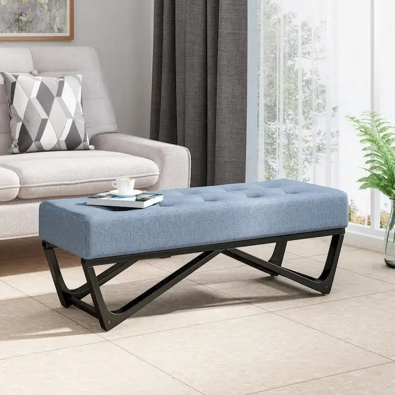 Banc de rangement en tissu gaufré capitonné avec pieds en bois courbé, Beige / Vieux rose / Gris clair / Bleu clair / Bleu marine