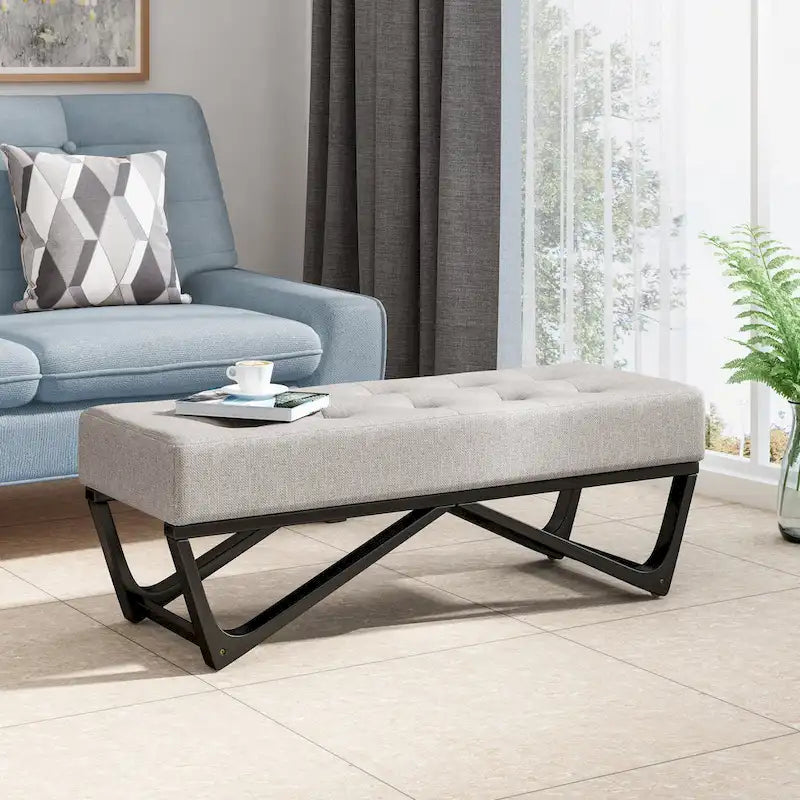Banc de rangement en tissu gaufré capitonné avec pieds en bois courbé, Beige / Vieux rose / Gris clair / Bleu clair / Bleu marine