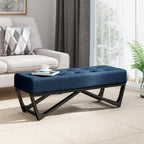 Banc de rangement en tissu gaufré capitonné avec pieds en bois courbé, Beige / Vieux rose / Gris clair / Bleu clair / Bleu marine