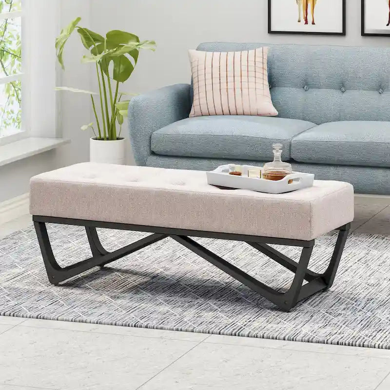 Banc de rangement en tissu gaufré capitonné avec pieds en bois courbé, Beige / Vieux rose / Gris clair / Bleu clair / Bleu marine