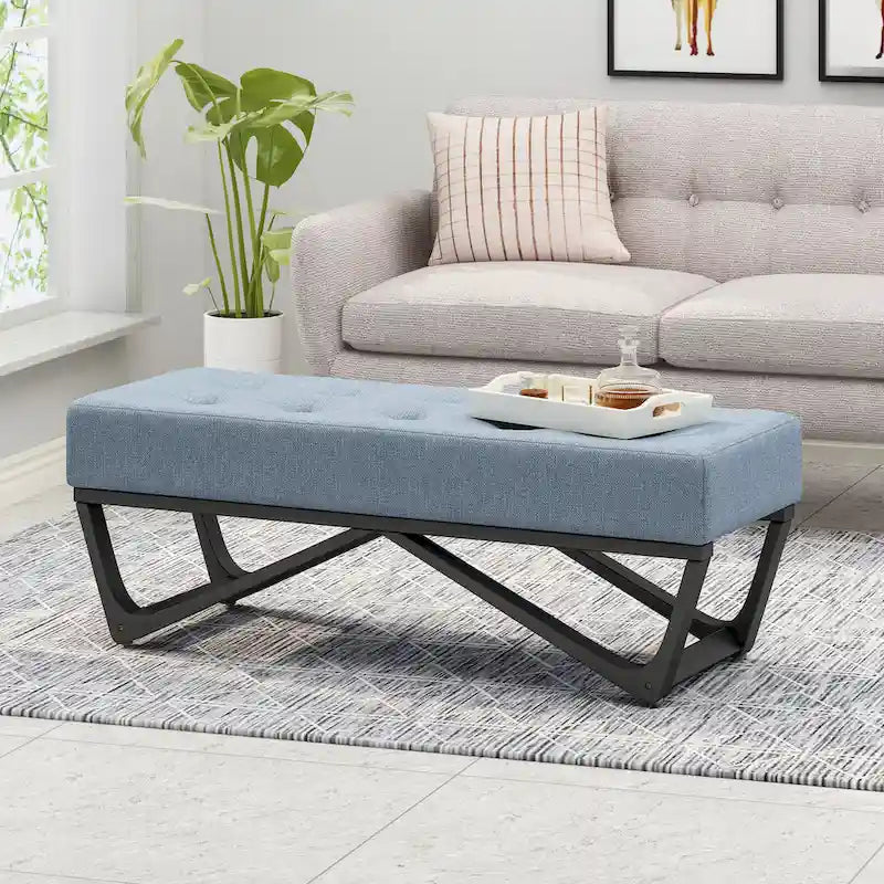 Banc de rangement en tissu gaufré capitonné avec pieds en bois courbé, Beige / Vieux rose / Gris clair / Bleu clair / Bleu marine