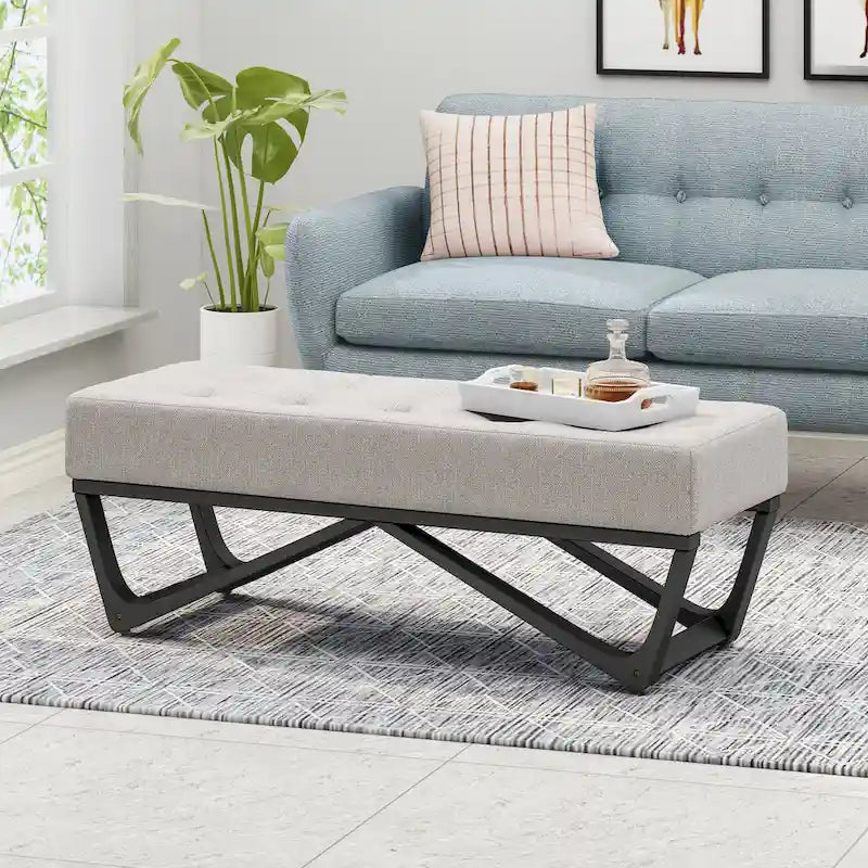 Banc de rangement en tissu gaufré capitonné avec pieds en bois courbé, Beige / Vieux rose / Gris clair / Bleu clair / Bleu marine
