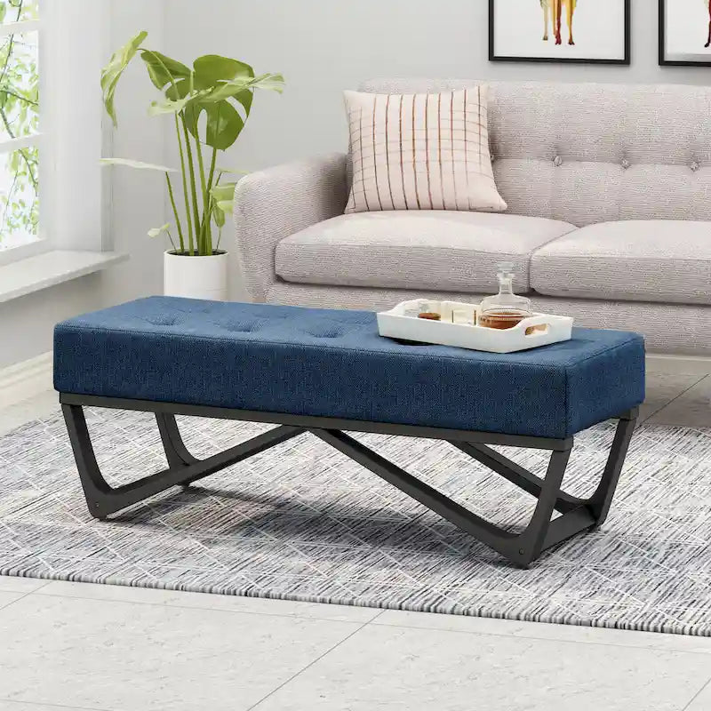 Banc de rangement en tissu gaufré capitonné avec pieds en bois courbé, Beige / Vieux rose / Gris clair / Bleu clair / Bleu marine