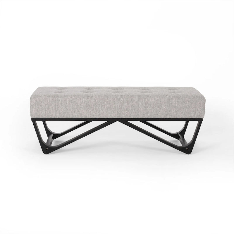 Banc de rangement en tissu gaufré capitonné avec pieds en bois courbé, Beige / Vieux rose / Gris clair / Bleu clair / Bleu marine