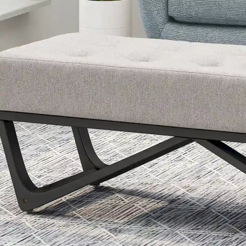 Banc de rangement en tissu gaufré capitonné avec pieds en bois courbé, Beige / Vieux rose / Gris clair / Bleu clair / Bleu marine