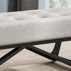 Banc de rangement en tissu gaufré capitonné avec pieds en bois courbé, Beige / Vieux rose / Gris clair / Bleu clair / Bleu marine