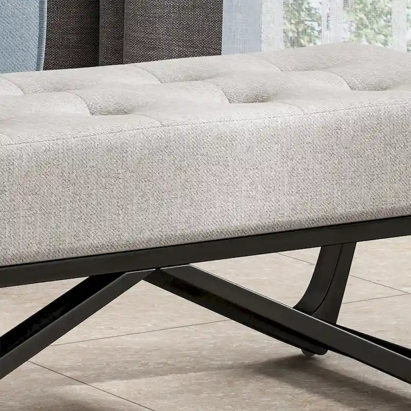 Banc de rangement en tissu gaufré capitonné avec pieds en bois courbé, Beige / Vieux rose / Gris clair / Bleu clair / Bleu marine