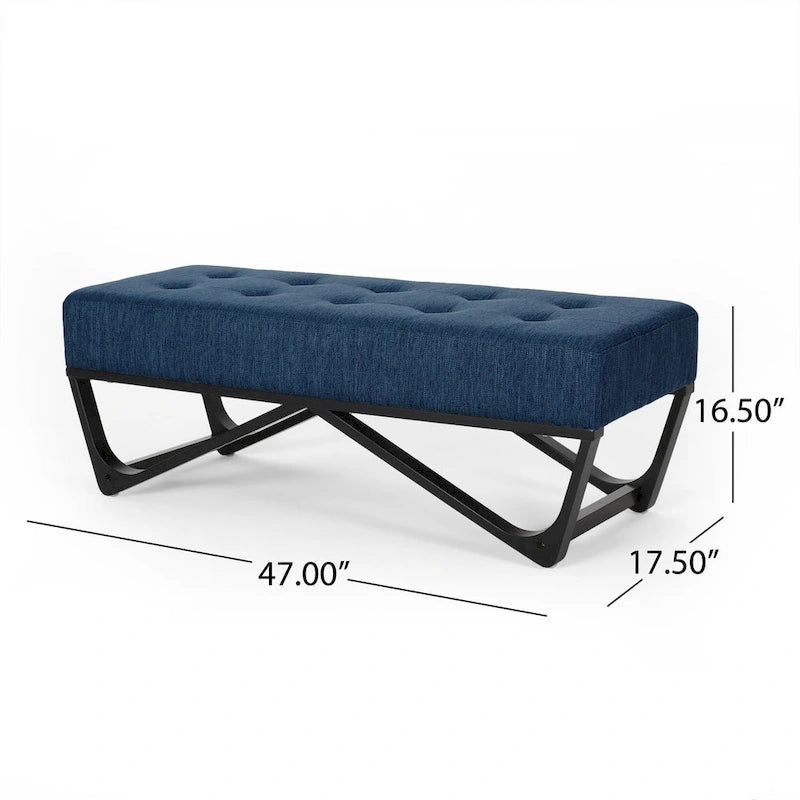 Banc de rangement en tissu gaufré capitonné avec pieds en bois courbé, Beige / Vieux rose / Gris clair / Bleu clair / Bleu marine