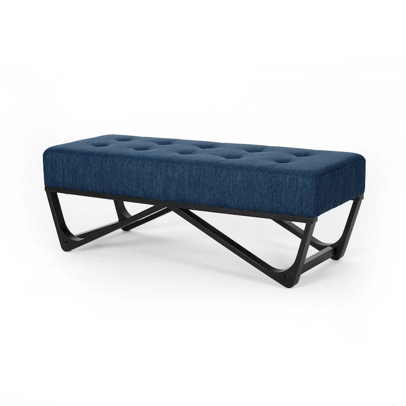 Banc de rangement en tissu gaufré capitonné avec pieds en bois courbé, Beige / Vieux rose / Gris clair / Bleu clair / Bleu marine
