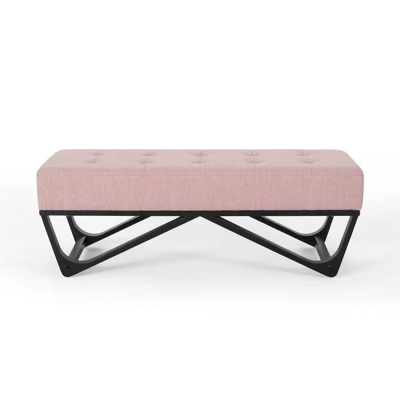 Banc de rangement en tissu gaufré capitonné avec pieds en bois courbé, Beige / Vieux rose / Gris clair / Bleu clair / Bleu marine