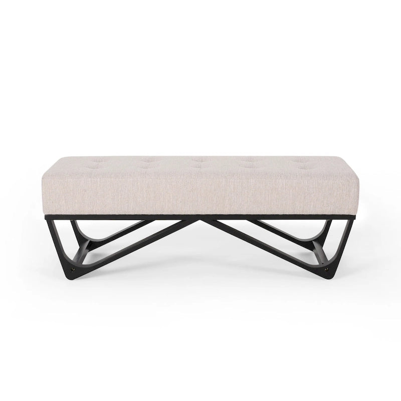 Banc de rangement en tissu gaufré capitonné avec pieds en bois courbé, Beige / Vieux rose / Gris clair / Bleu clair / Bleu marine