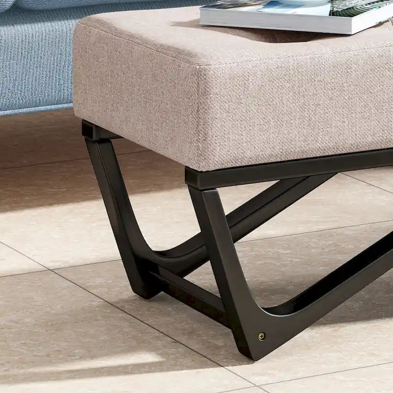 Banc de rangement en tissu gaufré capitonné avec pieds en bois courbé, Beige / Vieux rose / Gris clair / Bleu clair / Bleu marine