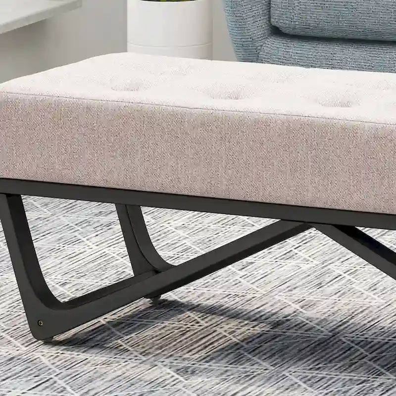 Banc de rangement en tissu gaufré capitonné avec pieds en bois courbé, Beige / Vieux rose / Gris clair / Bleu clair / Bleu marine