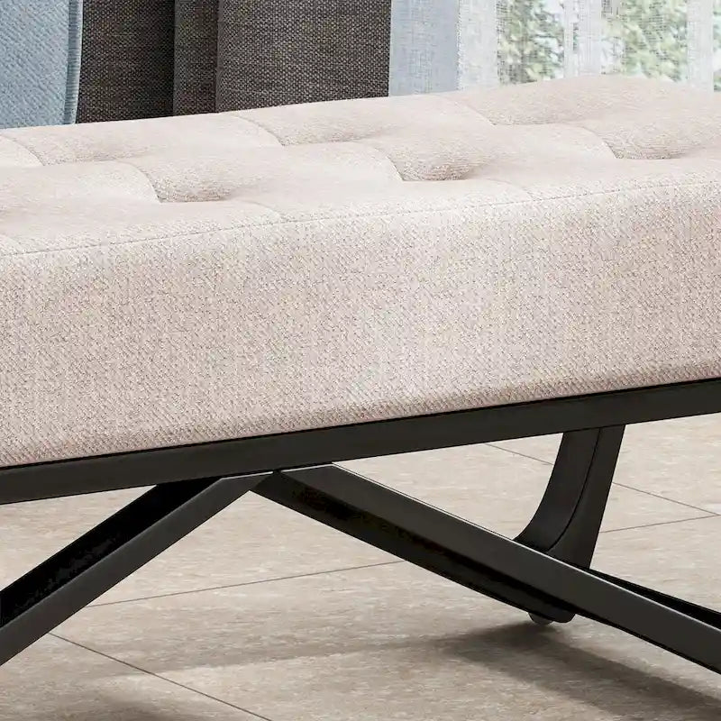 Banc de rangement en tissu gaufré capitonné avec pieds en bois courbé, Beige / Vieux rose / Gris clair / Bleu clair / Bleu marine