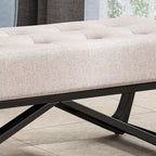 Banc de rangement en tissu gaufré capitonné avec pieds en bois courbé, Beige / Vieux rose / Gris clair / Bleu clair / Bleu marine