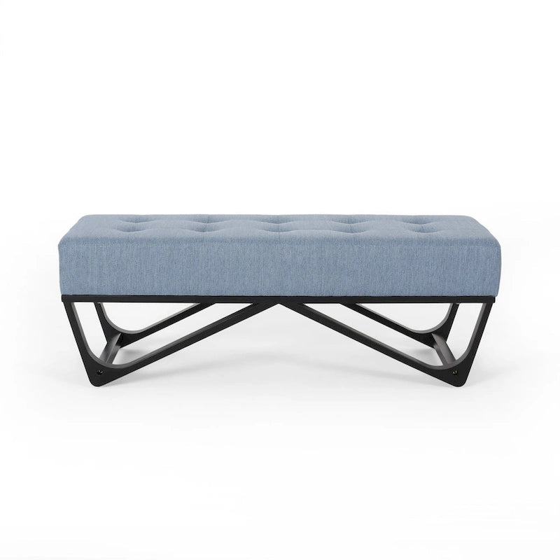 Banc de rangement en tissu gaufré capitonné avec pieds en bois courbé, Beige / Vieux rose / Gris clair / Bleu clair / Bleu marine