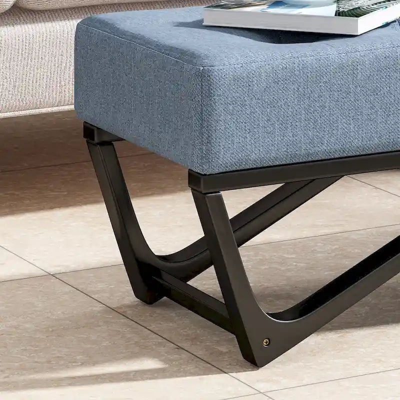 Banc de rangement en tissu gaufré capitonné avec pieds en bois courbé, Beige / Vieux rose / Gris clair / Bleu clair / Bleu marine