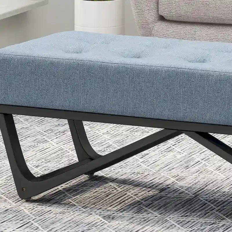 Banc de rangement en tissu gaufré capitonné avec pieds en bois courbé, Beige / Vieux rose / Gris clair / Bleu clair / Bleu marine