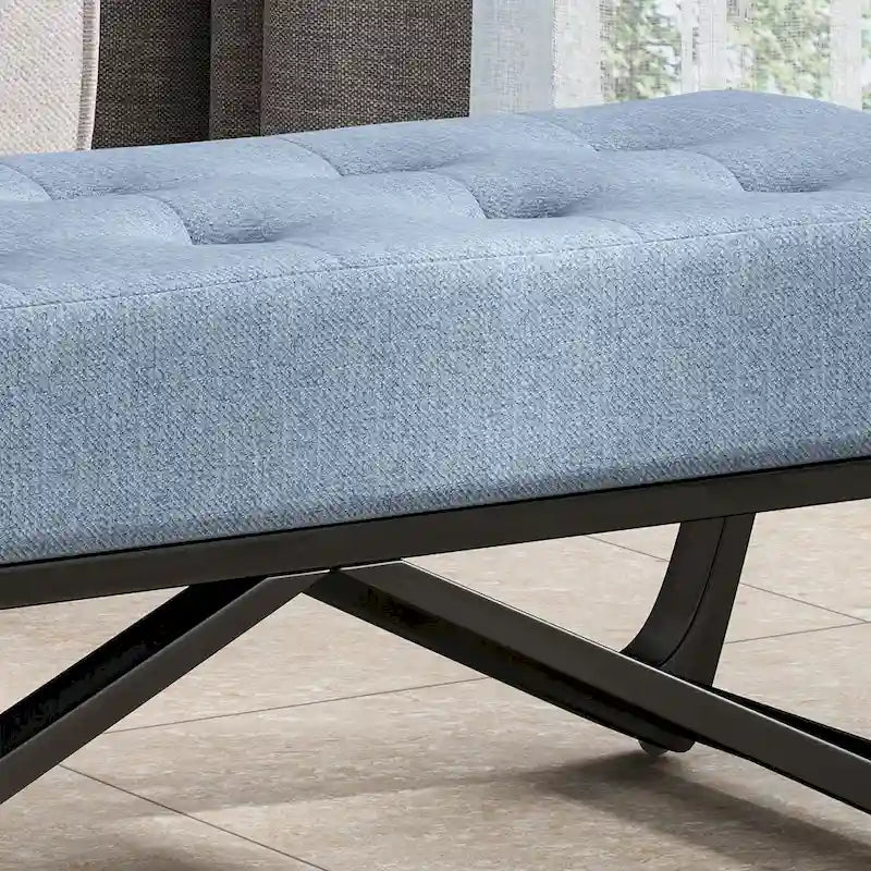 Banc de rangement en tissu gaufré capitonné avec pieds en bois courbé, Beige / Vieux rose / Gris clair / Bleu clair / Bleu marine