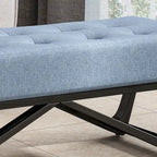 Banc de rangement en tissu gaufré capitonné avec pieds en bois courbé, Beige / Vieux rose / Gris clair / Bleu clair / Bleu marine