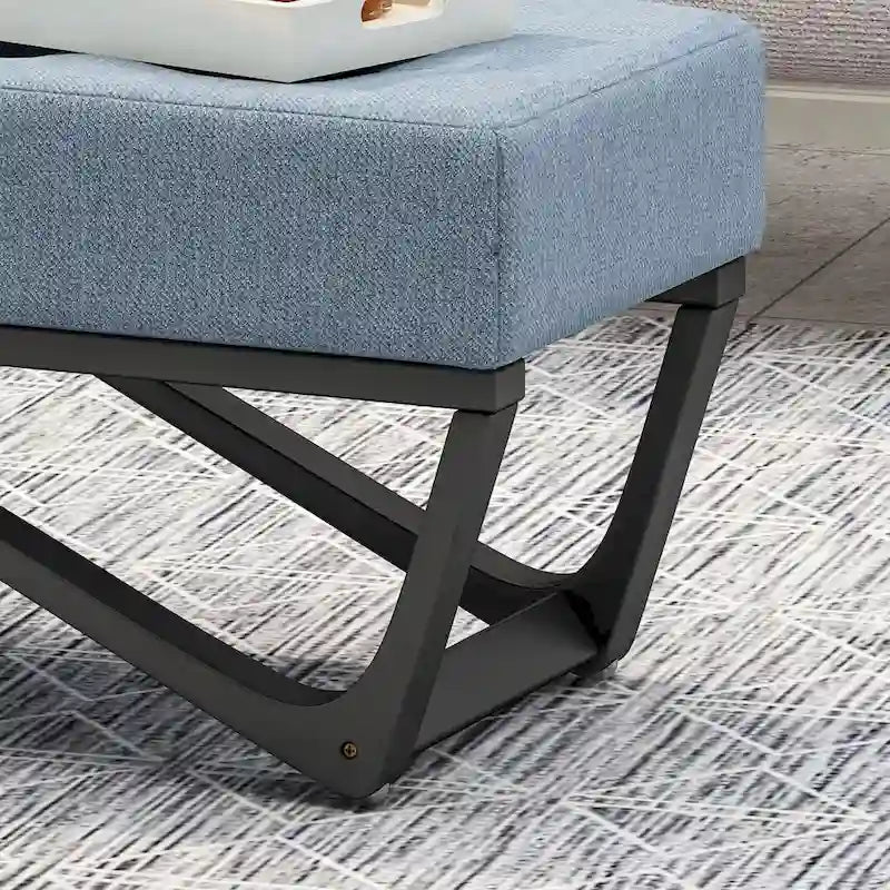 Banc de rangement en tissu gaufré capitonné avec pieds en bois courbé, Beige / Vieux rose / Gris clair / Bleu clair / Bleu marine
