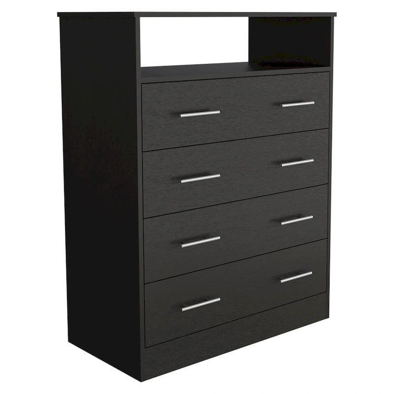 Commode 4 tiroirs avec surface supérieure ouverte, Noir / Blanc / Gris