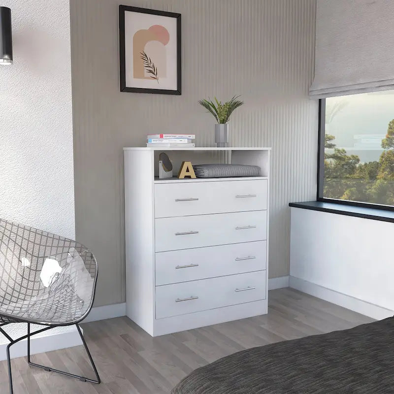 Commode 4 tiroirs avec surface supérieure ouverte, Noir / Blanc / Gris