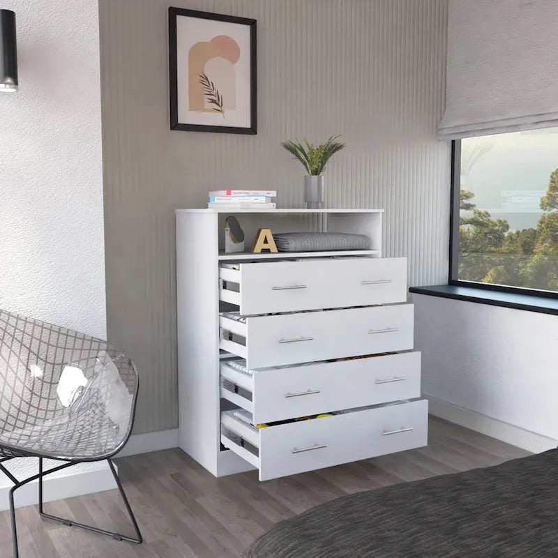 Commode 4 tiroirs avec surface supérieure ouverte, Noir / Blanc / Gris