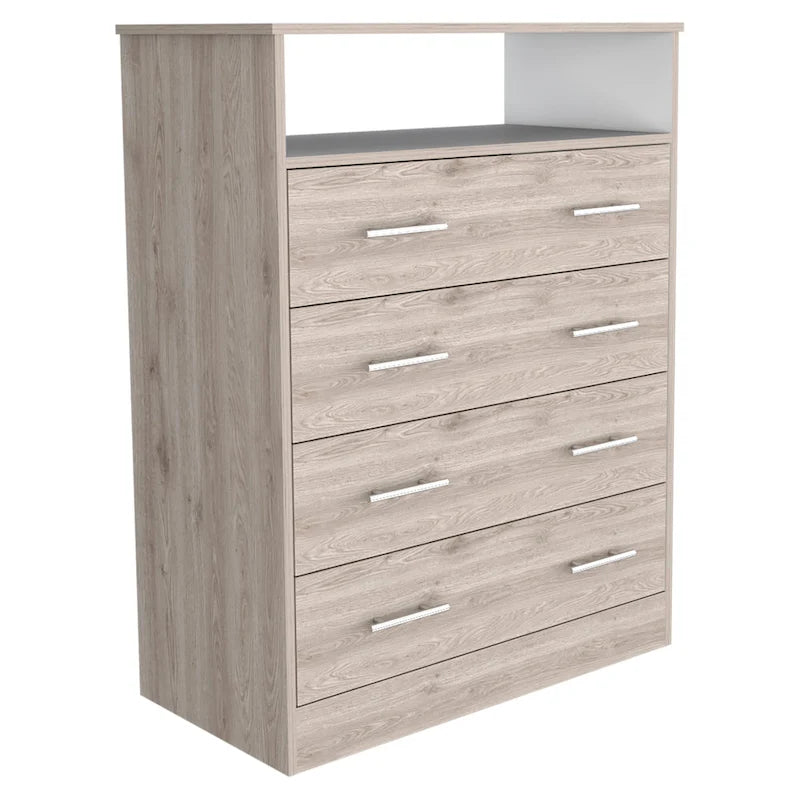 Commode 4 tiroirs avec surface supérieure ouverte, Noir / Blanc / Gris