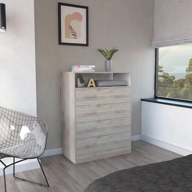Commode 4 tiroirs avec surface supérieure ouverte, Noir / Blanc / Gris