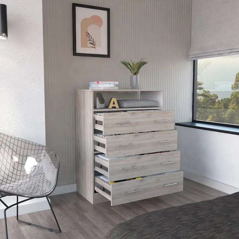Commode 4 tiroirs avec surface supérieure ouverte, Noir / Blanc / Gris