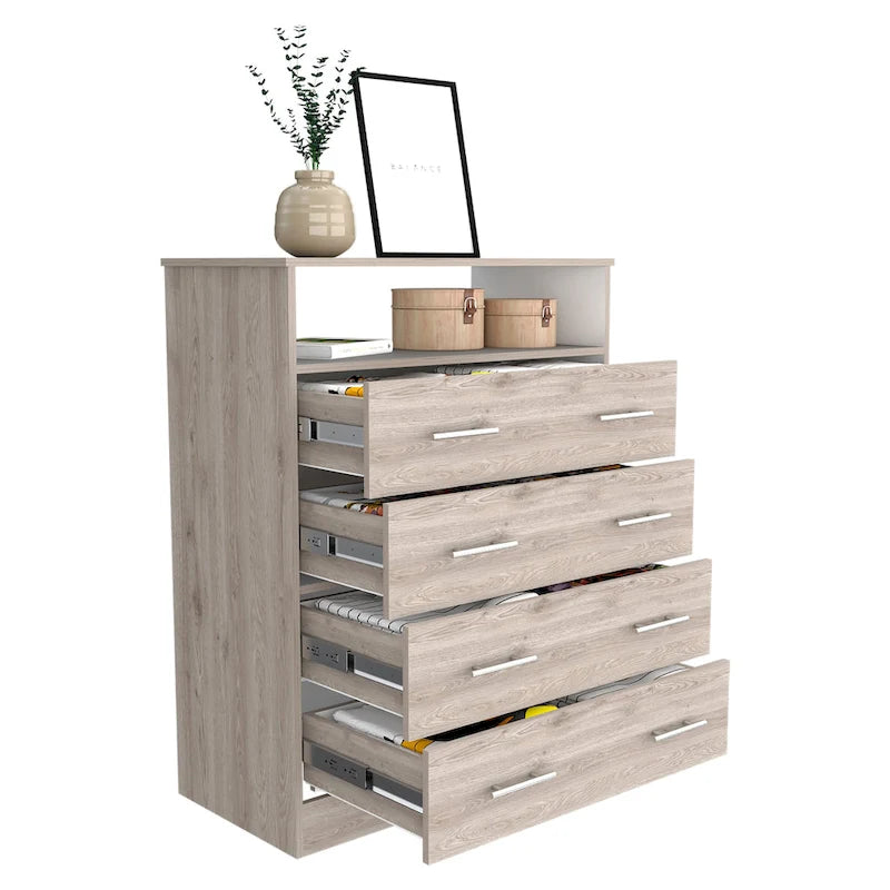 Commode 4 tiroirs avec surface supérieure ouverte, Noir / Blanc / Gris