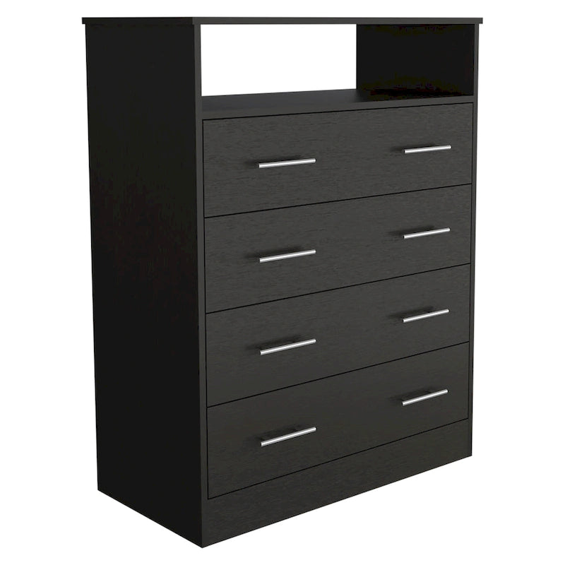 Commode 4 tiroirs avec surface supérieure ouverte, Noir / Blanc / Gris