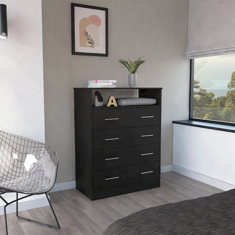 Commode 4 tiroirs avec surface supérieure ouverte, Noir / Blanc / Gris