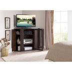 Meuble TV d'angle en bois de 47" avec 2 portes et étagères multiples, bois naturel