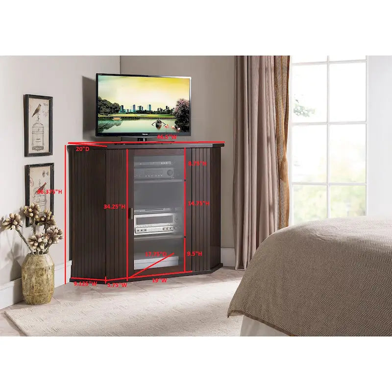 Meuble TV d'angle en bois de 47" avec 2 portes et étagères multiples, bois naturel