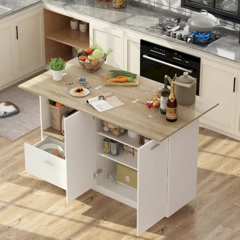 Desserte de cuisine îlot extensible avec rangement, chêne et marron