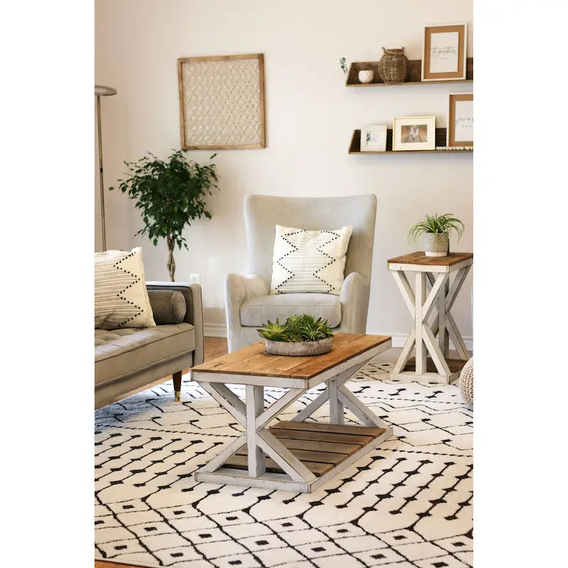 Table basse en bois recyclé avec étagère de rangement, base blanc cassé