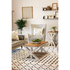 Table basse en bois recyclé avec étagère de rangement, base blanc cassé