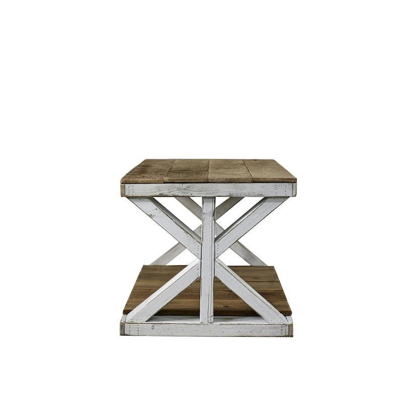 Table basse en bois recyclé avec étagère de rangement, base blanc cassé