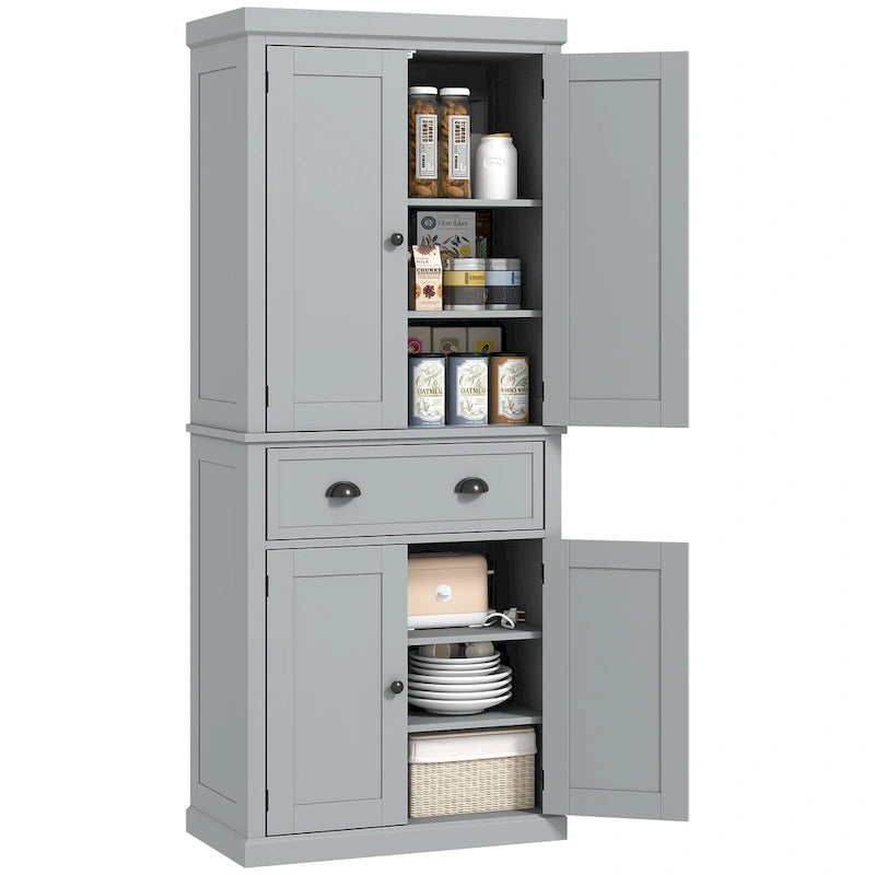 Garde-manger de cuisine autoportant de 183 cm, blanc, 2 portes et étagères réglables