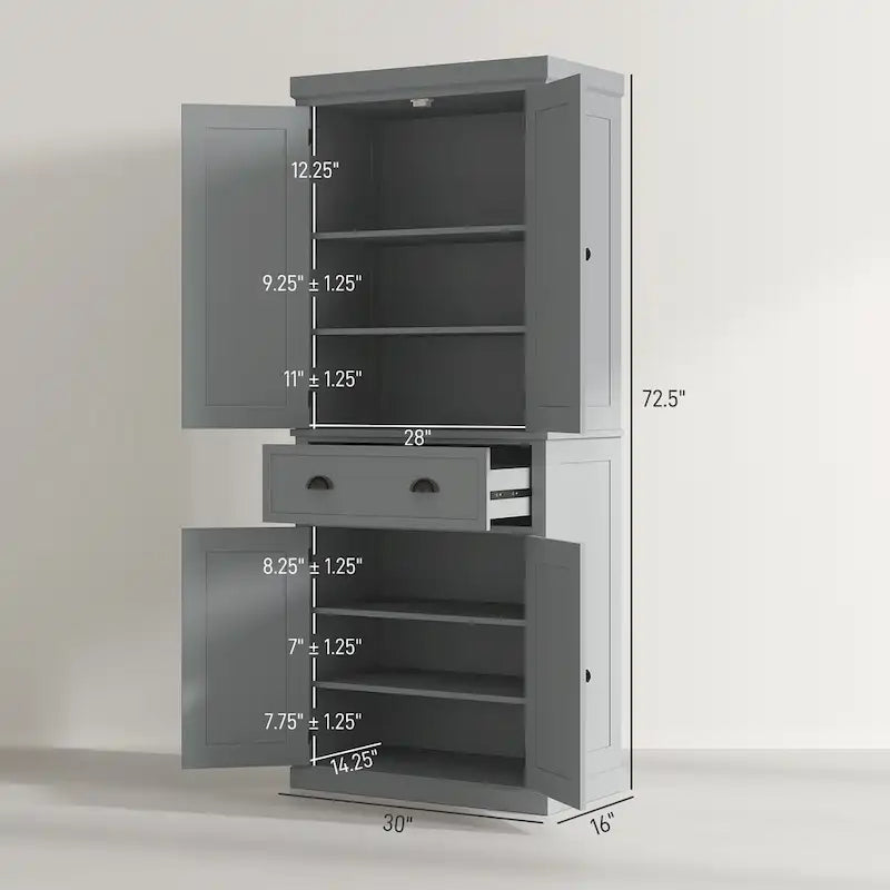 Garde-manger de cuisine autoportant de 183 cm, blanc, 2 portes et étagères réglables