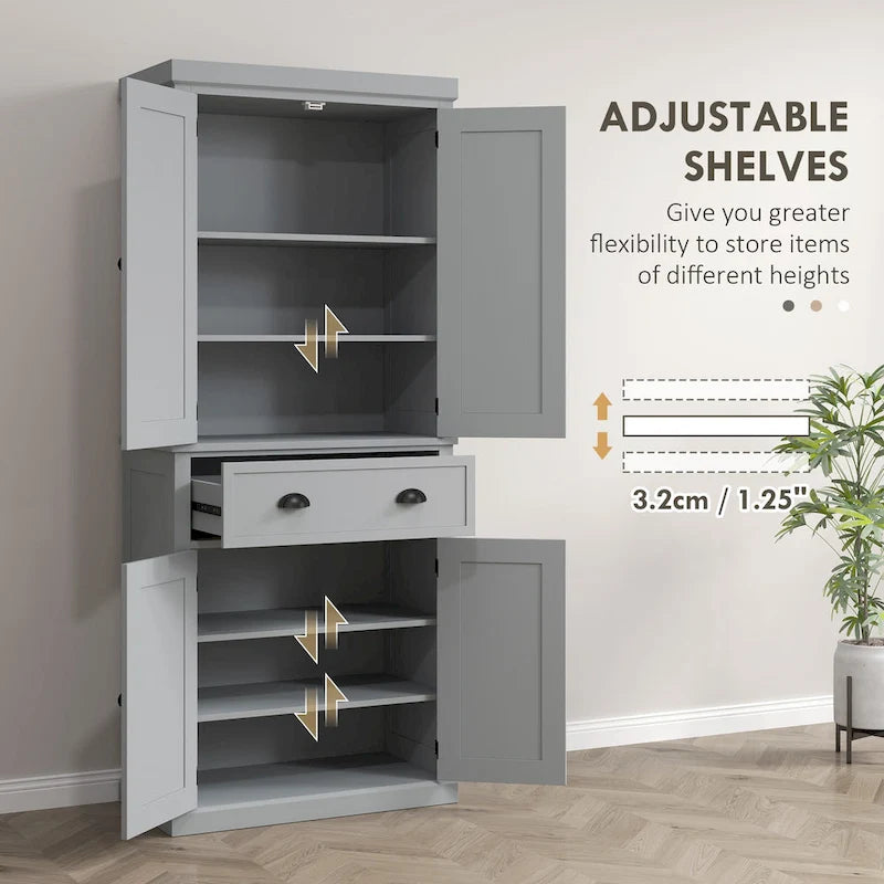 Garde-manger de cuisine autoportant de 183 cm, blanc, 2 portes et étagères réglables