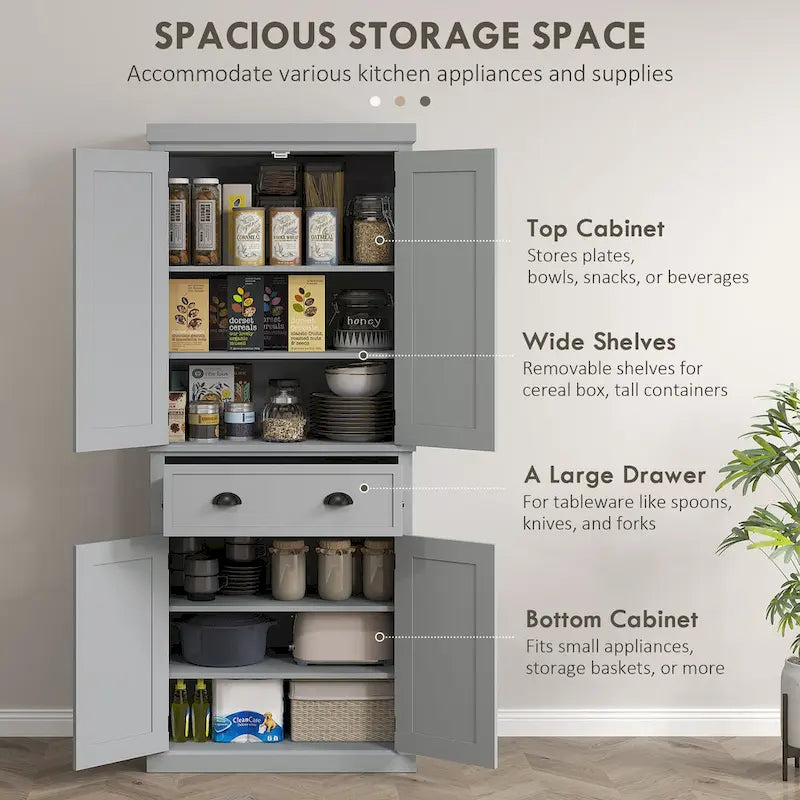 Garde-manger de cuisine autoportant de 183 cm, blanc, 2 portes et étagères réglables
