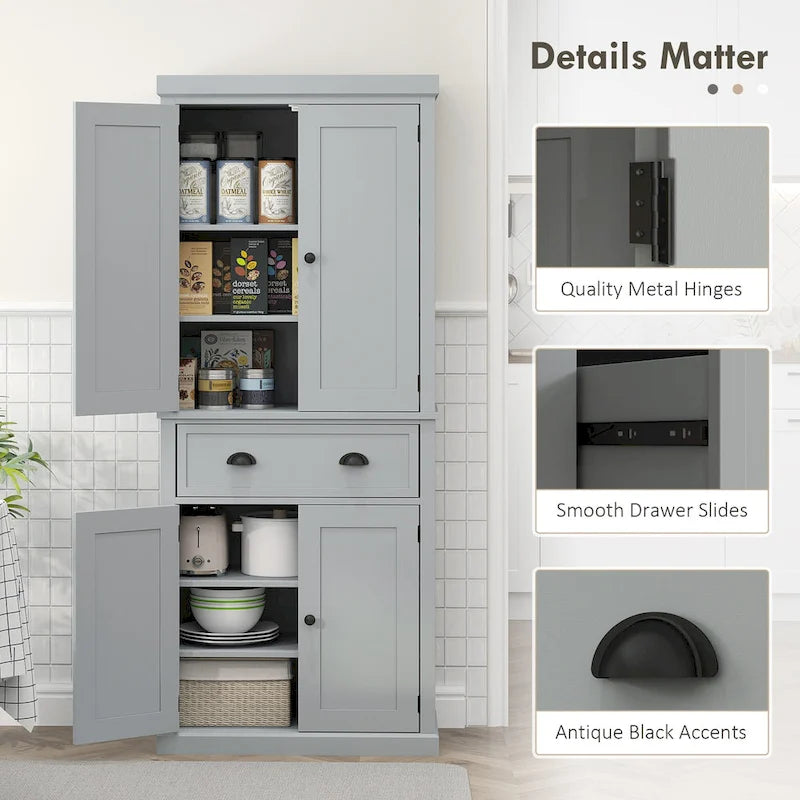 Garde-manger de cuisine autoportant de 183 cm, blanc, 2 portes et étagères réglables