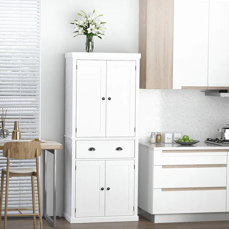 Garde-manger de cuisine autoportant de 183 cm, blanc, 2 portes et étagères réglables