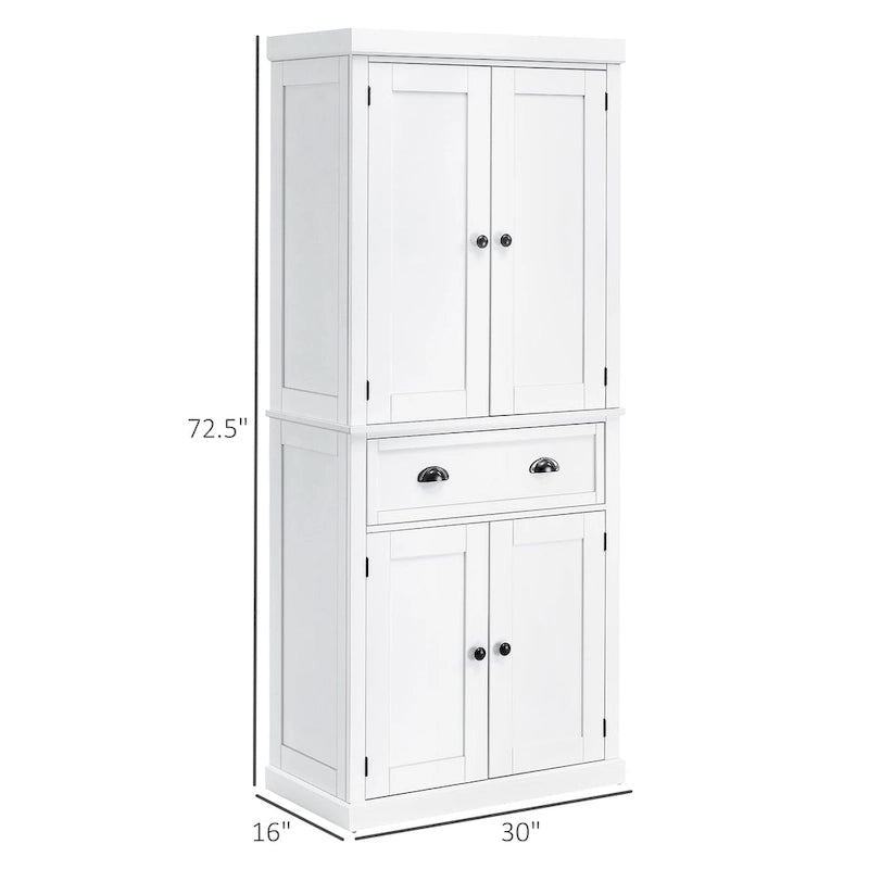 Garde-manger de cuisine autoportant de 183 cm, blanc, 2 portes et étagères réglables
